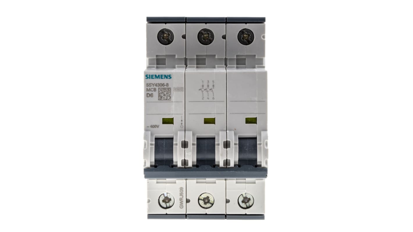 Interruptor automático 3P, 6A, Curva Tipo D, Poder de corte 10 kA, Sentron, Montaje en Carril DIN