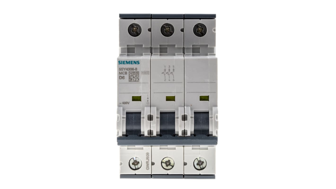 Disjoncteur Siemens 5SY4 3P, 6A, pouvoir de coupure 10 kA, montage rail DIN