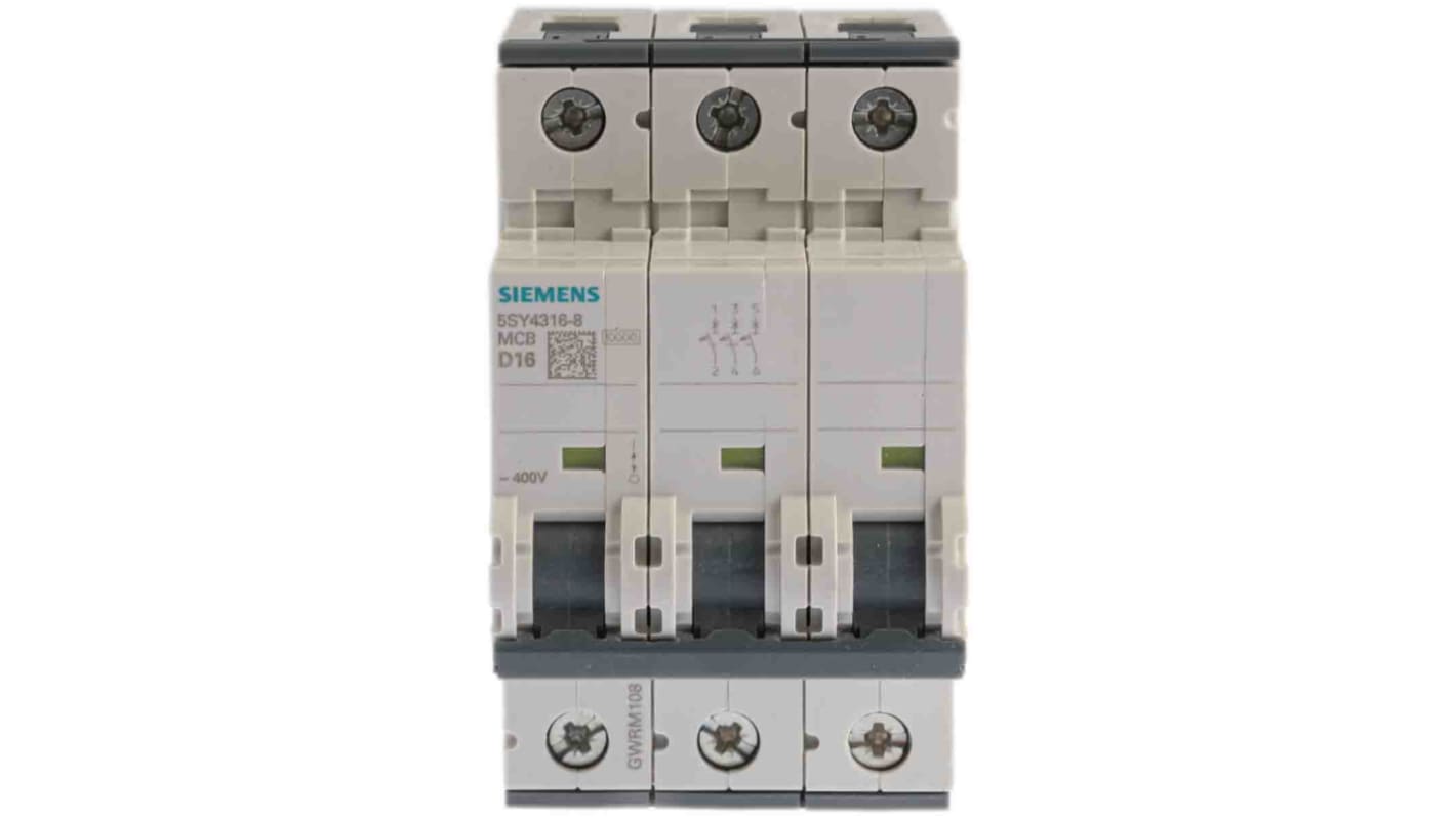 Disjoncteur Siemens 5SY4 3P, 16A, pouvoir de coupure 10 kA, montage rail DIN