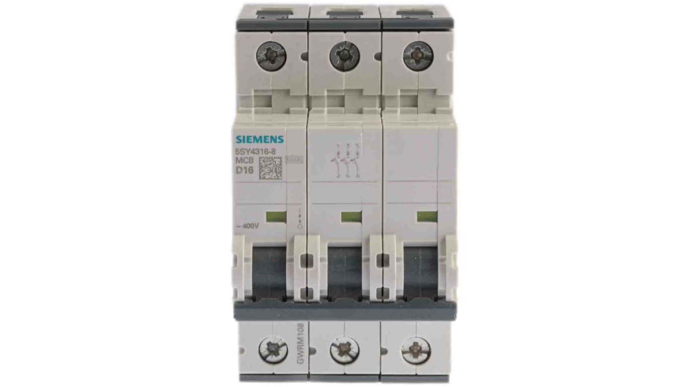 Siemens D型MCB, 3极, 10 kA分断, 16A, 400VAC, 5SY4系列