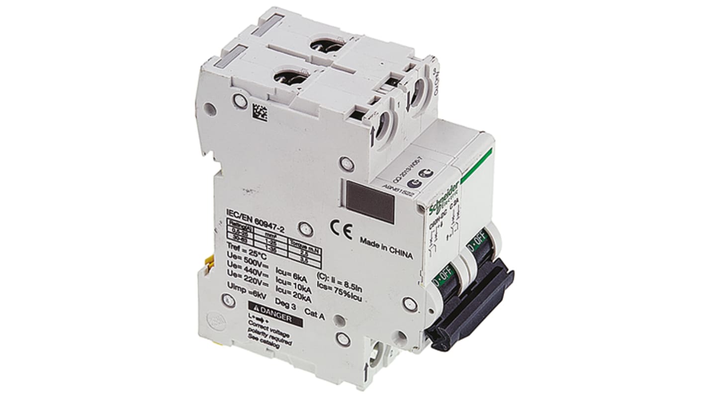 Schneider Electric Acti 9 C60H-DC MCB, 2P, 2A Curve C, 500V DC