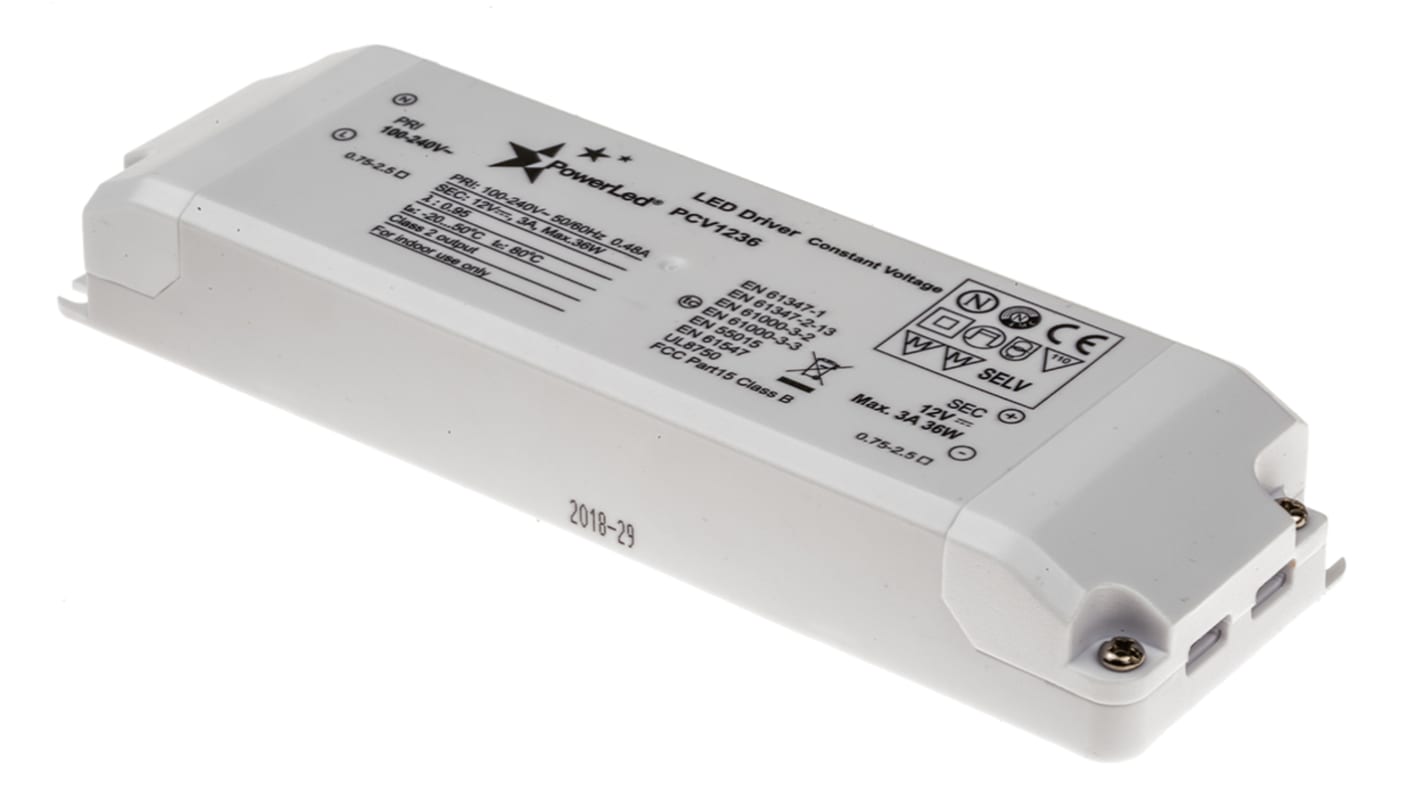 Driver LED tensión constante PowerLED, IN: 100 → 240 V ac, OUT: 12V, 3A, 36W
