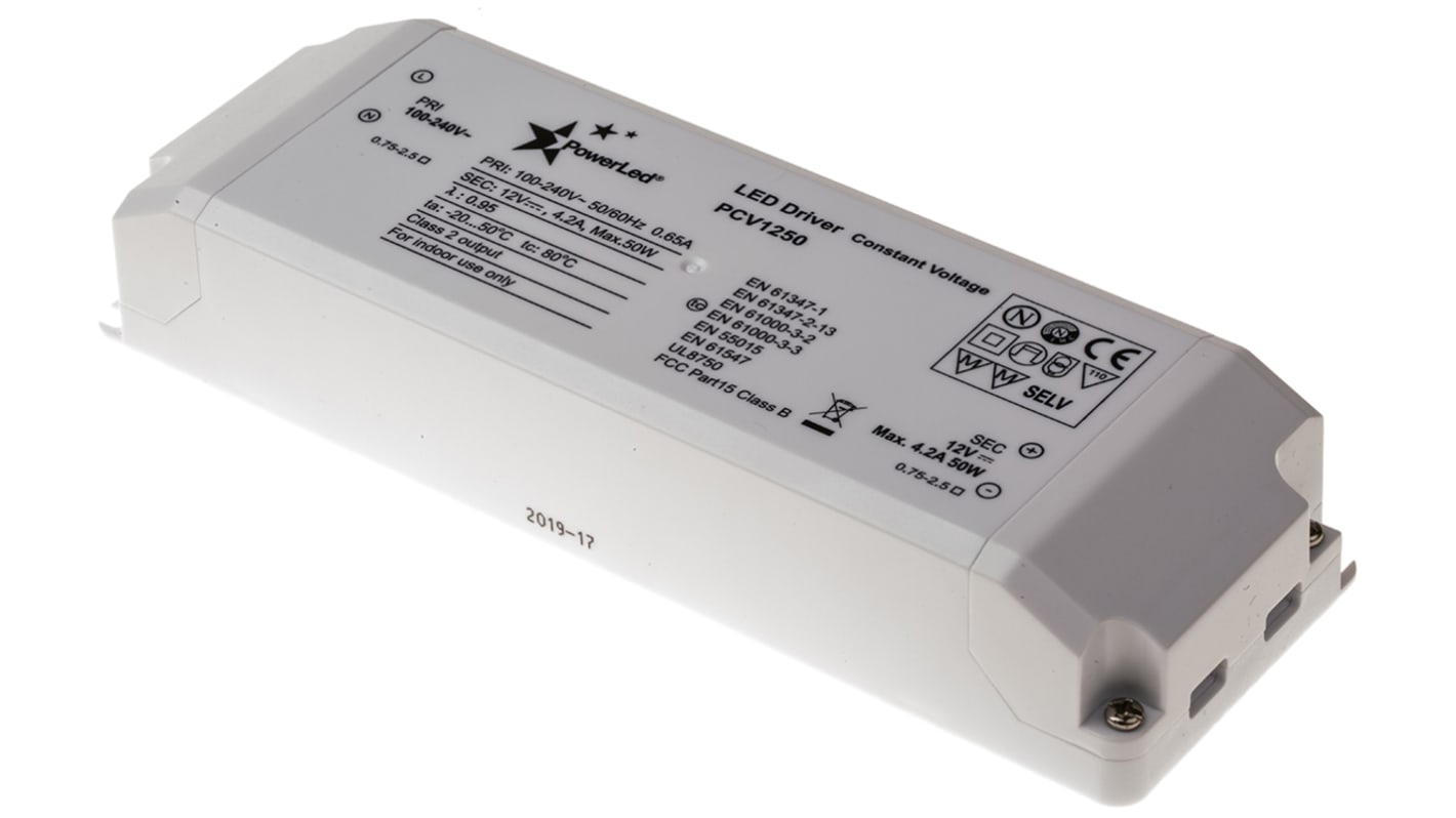 Driver LED tensión constante PowerLED, IN: 100 → 240 V ac, OUT: 12V, 4.2A, 50W
