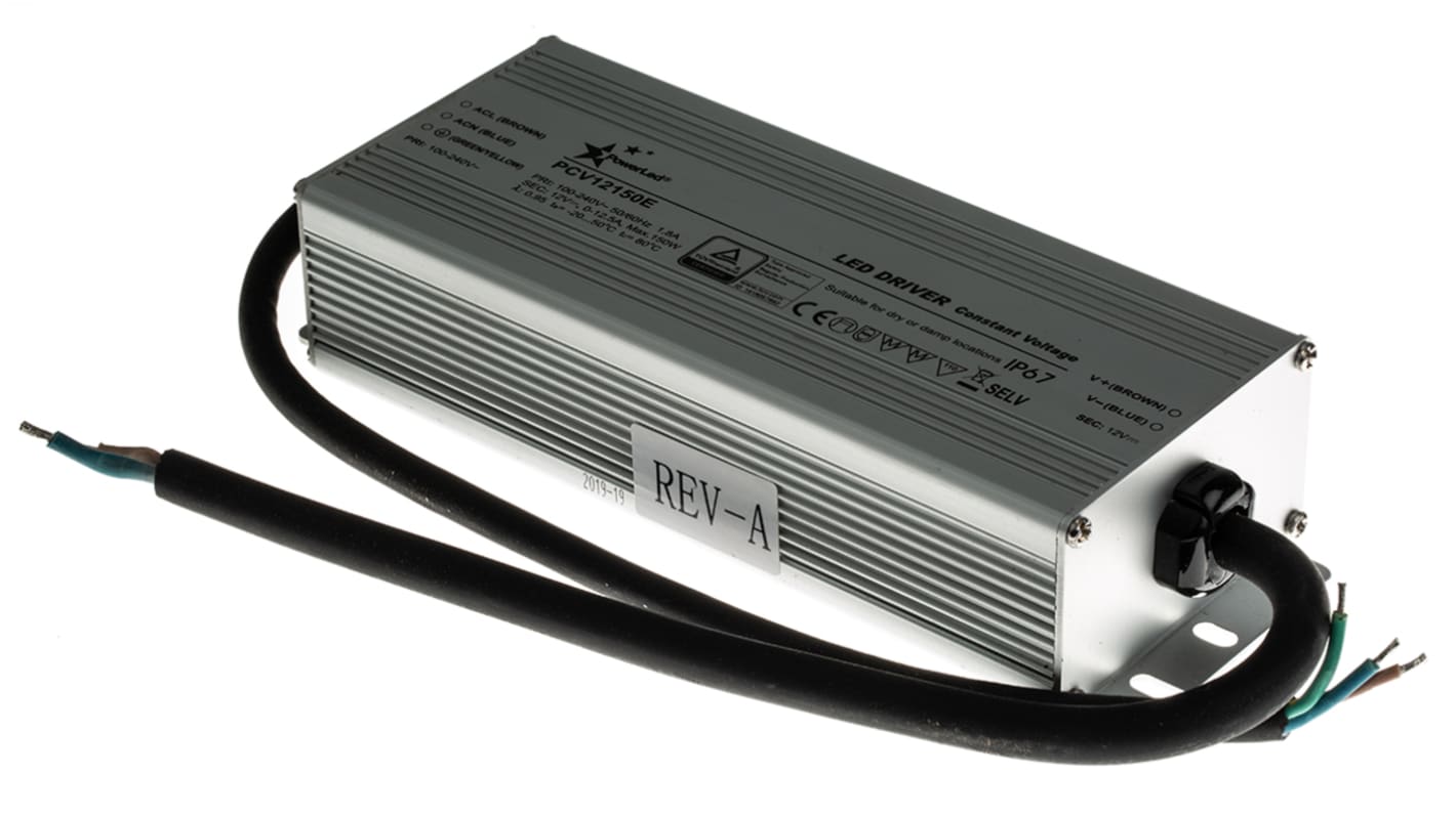 Driver LED tensión constante PowerLED, IN: 100 → 240 V ac, OUT: 12V, 12.5A, 150W, IP65