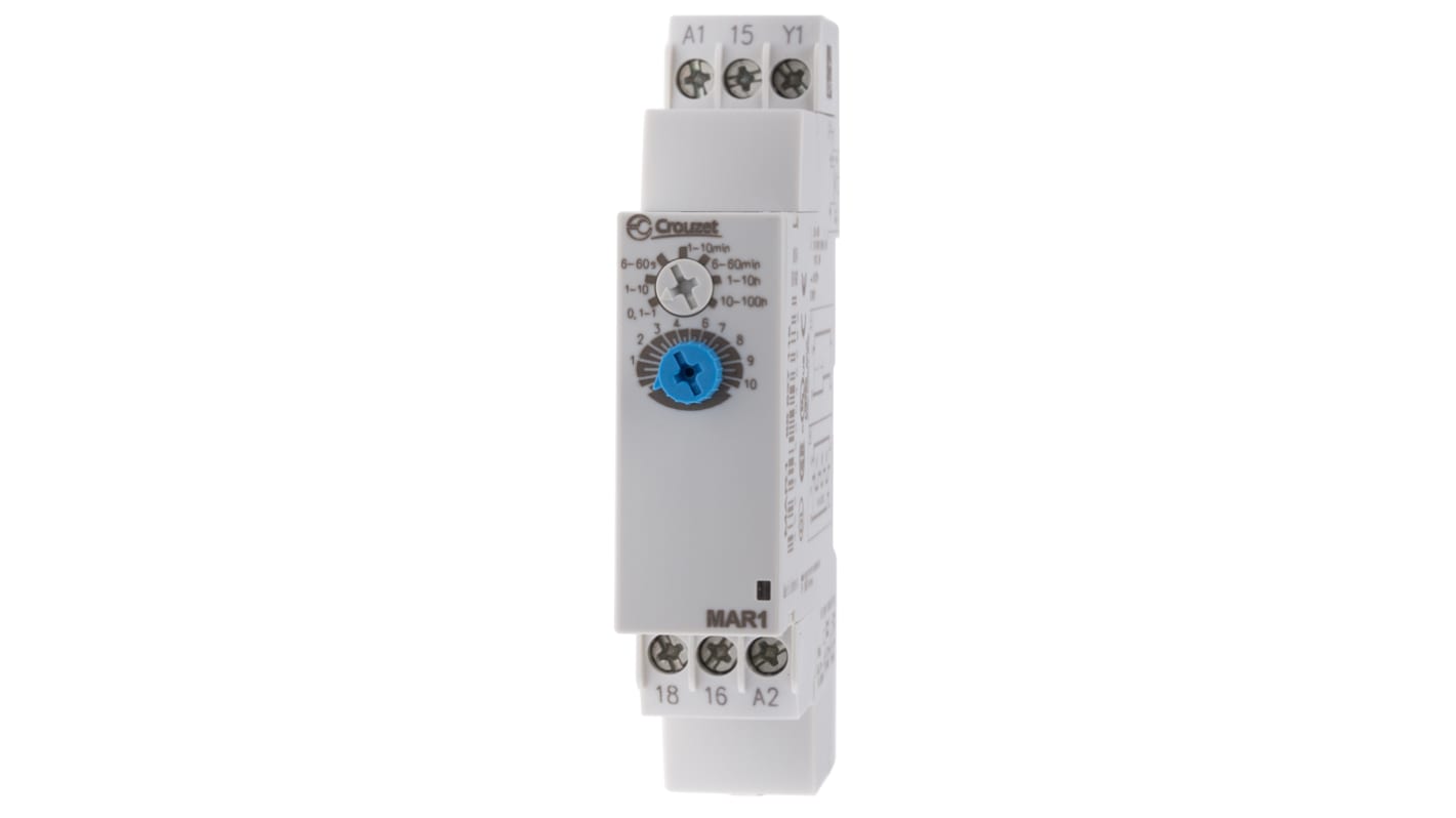 Crouzet DIN Rail Mount Timer Relay, 24 → 240 V ac, 24V dc, 1-Contact, 0.1 s → 100h, 1-Function, SPDT