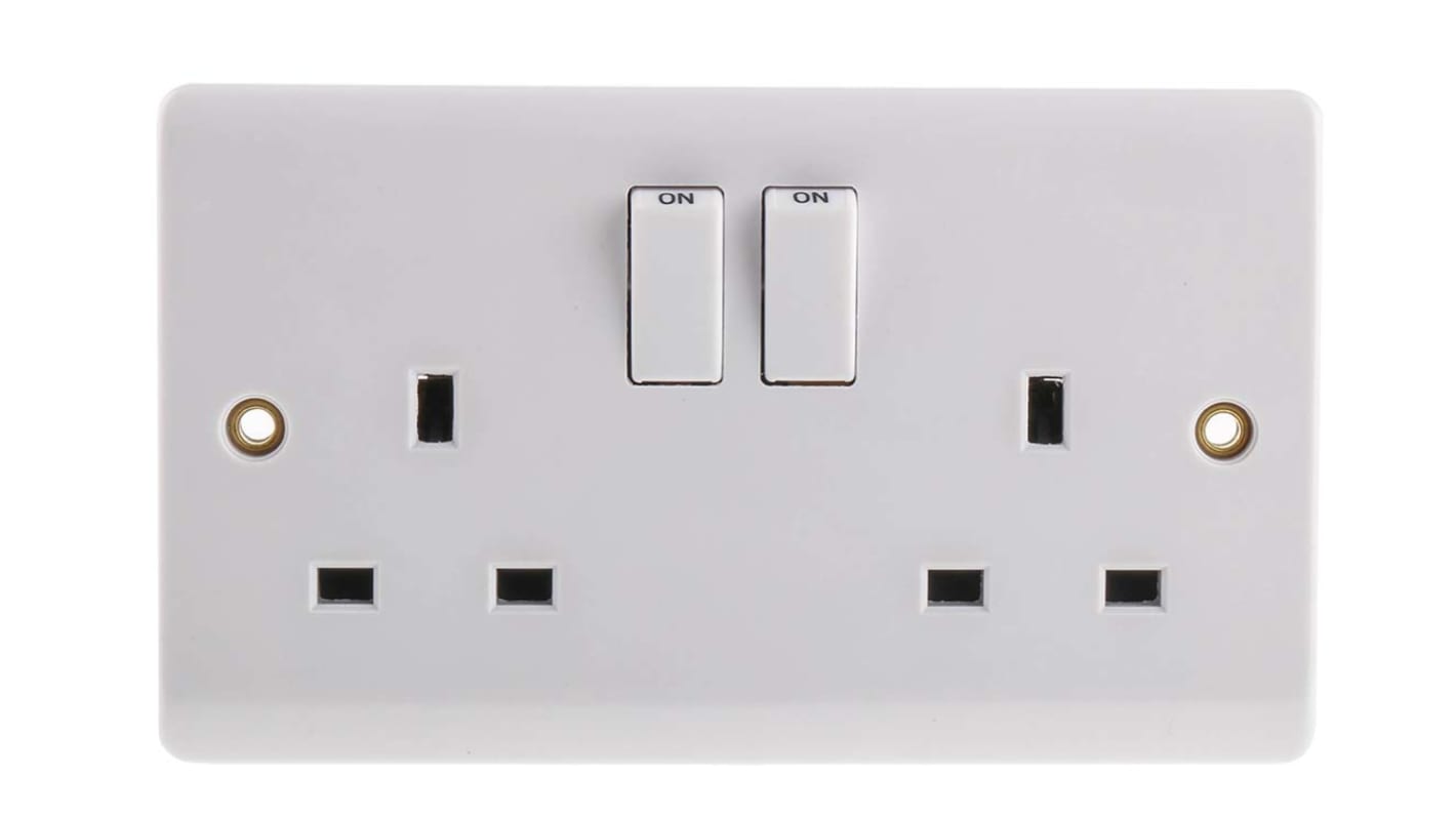 RS PRO White 2 Gang Plug Socket 1 Pole Poles 13A Type G British Indoor Use RS