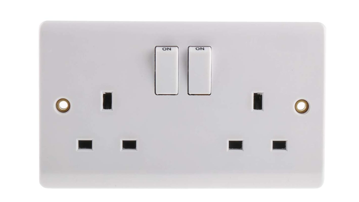 RS PRO White 2 Gang Plug Socket, 1 Pole Poles, 13A, Type G - British, Indoor Use