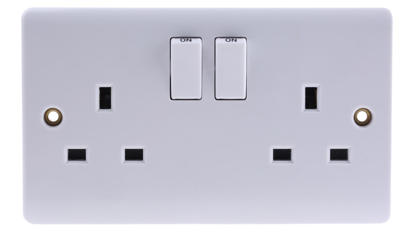 RS PRO 英标插座, 带开关, 2位, 嵌入式安装, 室内使用, 13A, 230 V, 白色