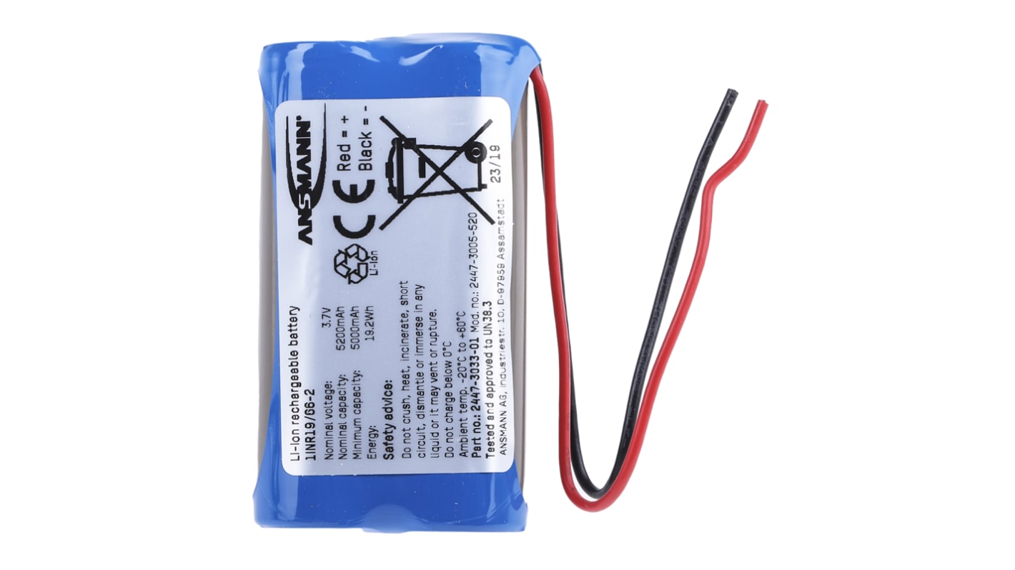 Batería recargable de Ión-Litio, 3.6V, 5.2Ah, 2 celdas, terminación en cable