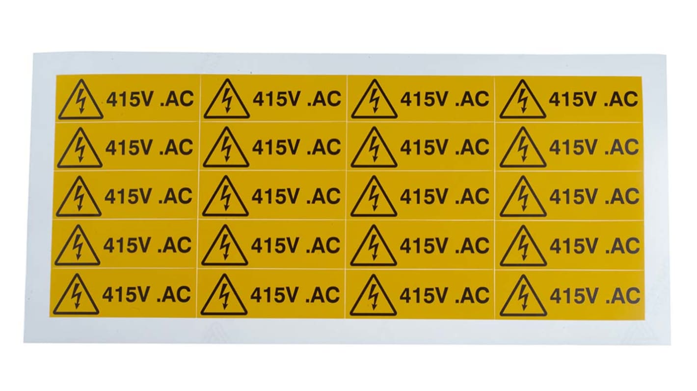 RS PRO Black/Yellow Vinyl Safety Labels, 415V AC-Text 20 mm x 60mm