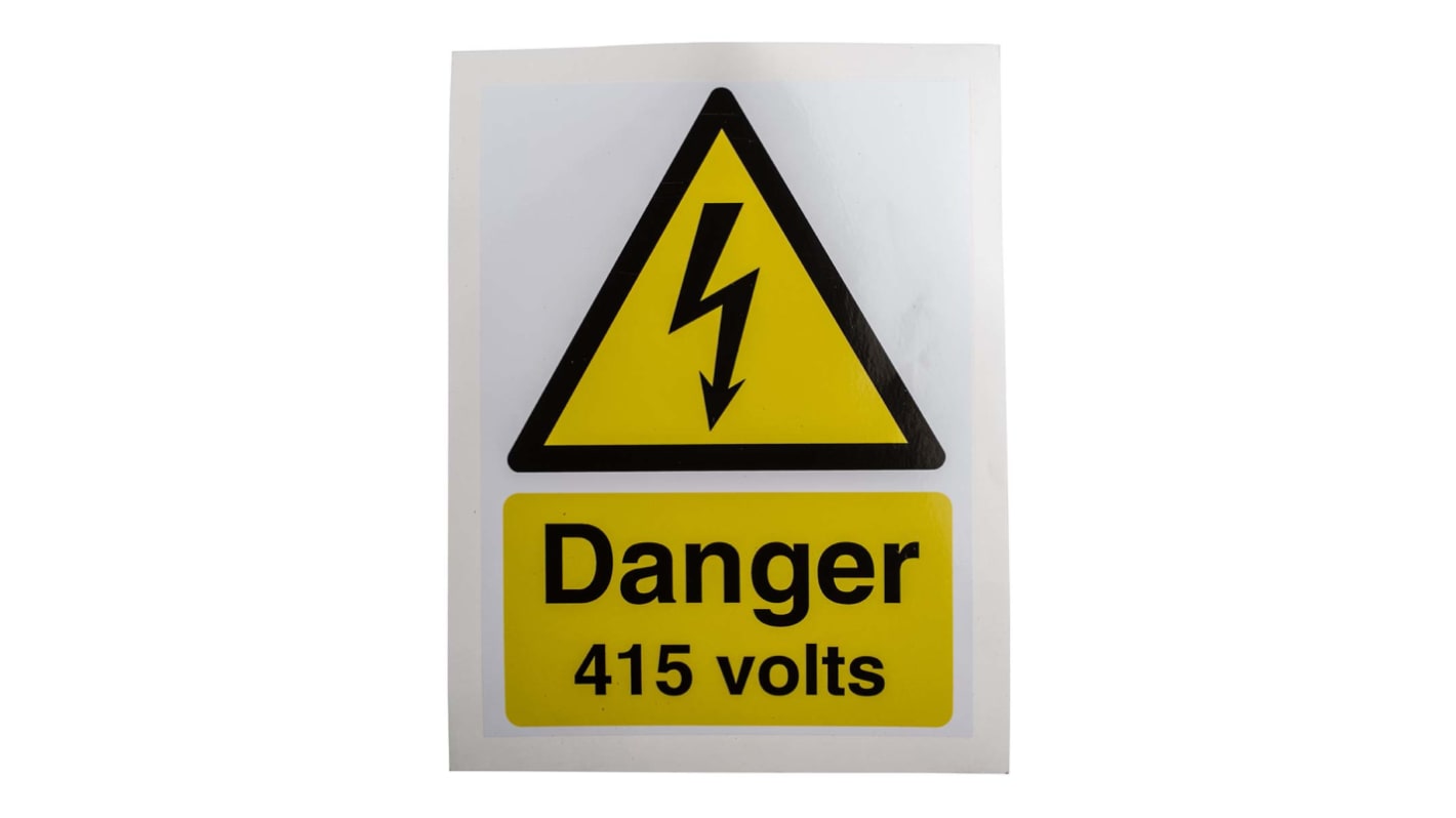 RS PRO Black/White/Yellow Vinyl Safety Labels, Danger 415 Volts-Text 200 mm x 150mm