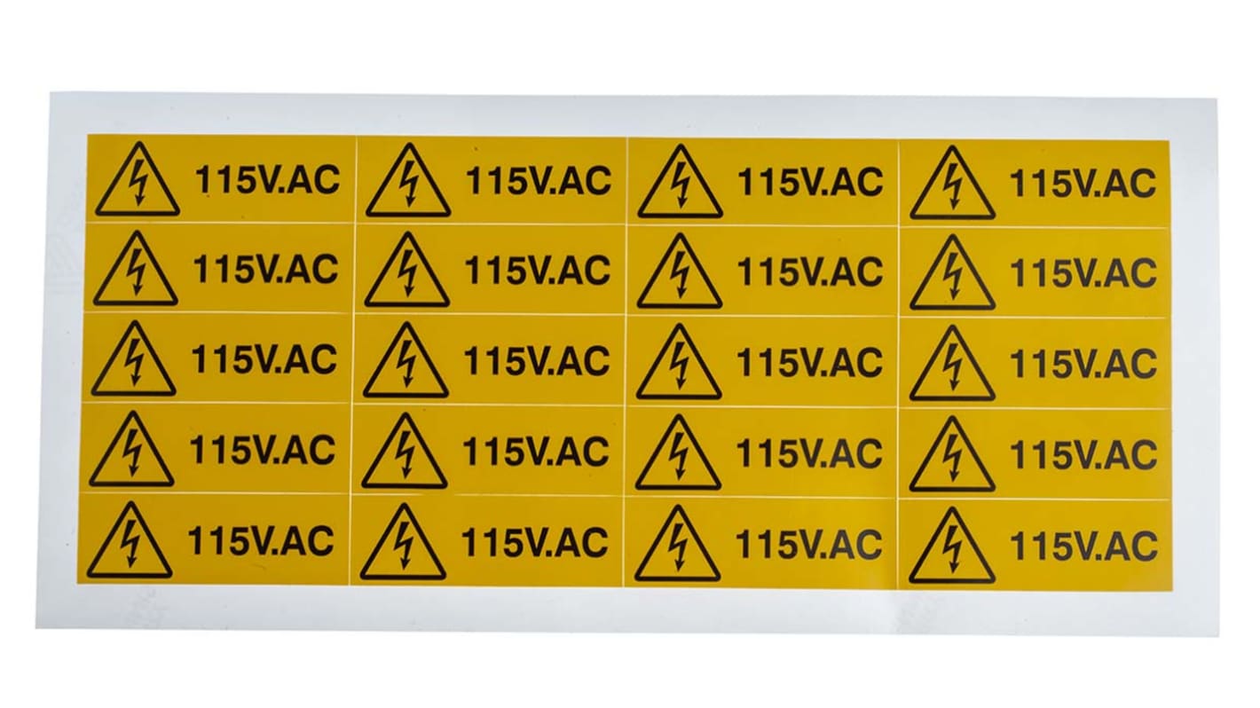 RS PRO Black/Yellow Vinyl Safety Labels, 115V AC-Text 20 mm x 60mm