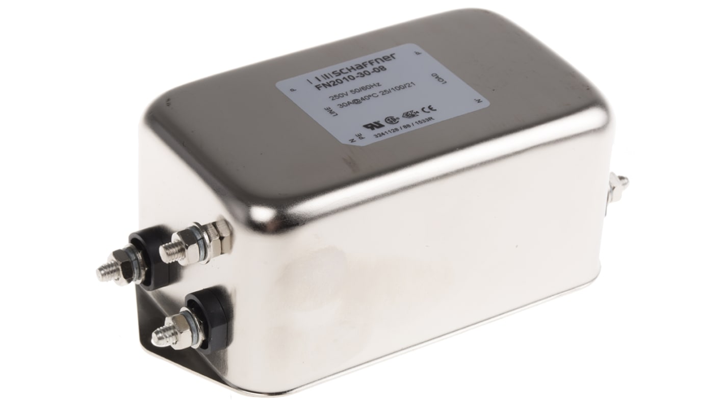 Schaffner 单相EMI滤波器, 30A, 250 V 交流/直流, 0 → 400Hz, 底盘安装, 螺柱接端, 一阶, FN2010系列