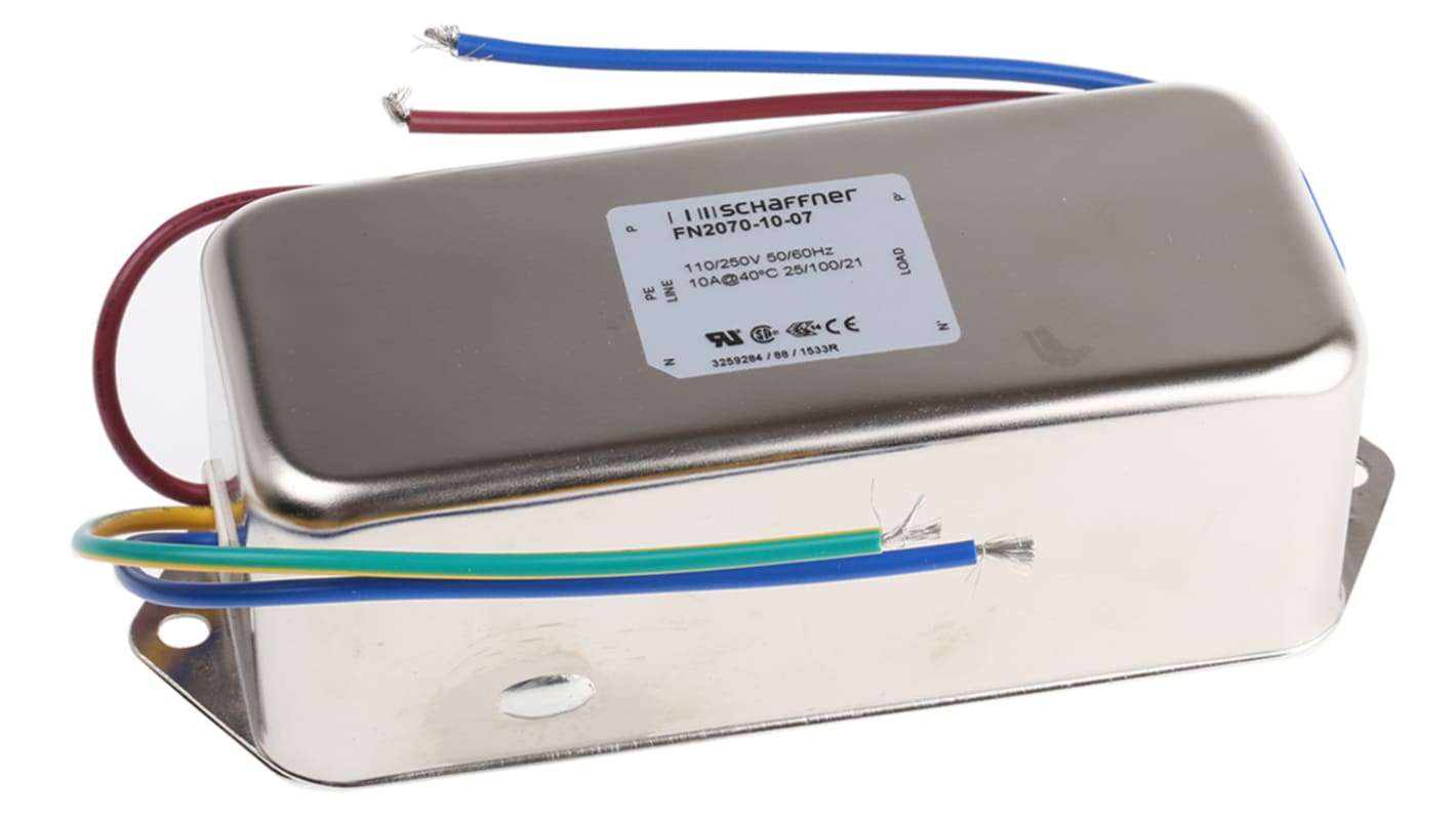 Schaffner 单相EMI滤波器, 10A, 250 V 交流/直流, 400Hz, 底盘安装, 引线接端, 二阶, FN2070系列