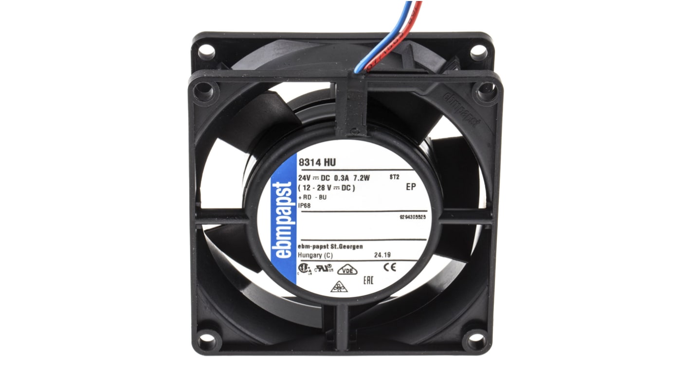 ebm-papst 8300 Series Axial Fan, 24 V dc, DC Operation, 80m³/h, 6W, IP68, 80 x 80 x 32mm
