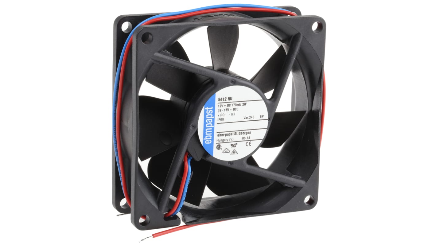 ebm-papst 8400 N Series Axial Fan, 12 V dc, DC Operation, 69m³/h, 2W, IP68, 80 x 80 x 25mm
