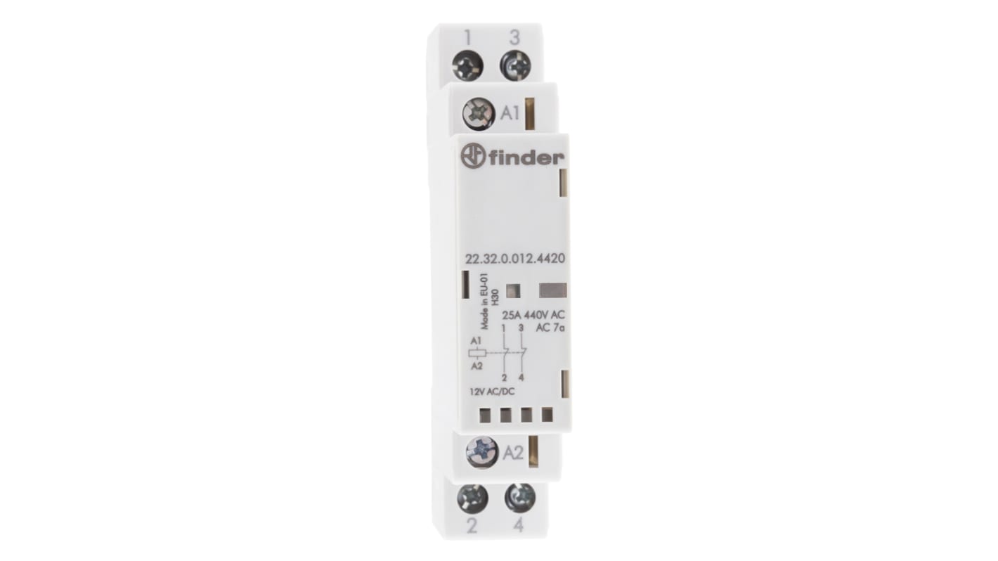 Finder 22 Contactor, 12 V dc Coil, 2-Pole, 25 A, 2NC, 250 V ac, 440 V ac