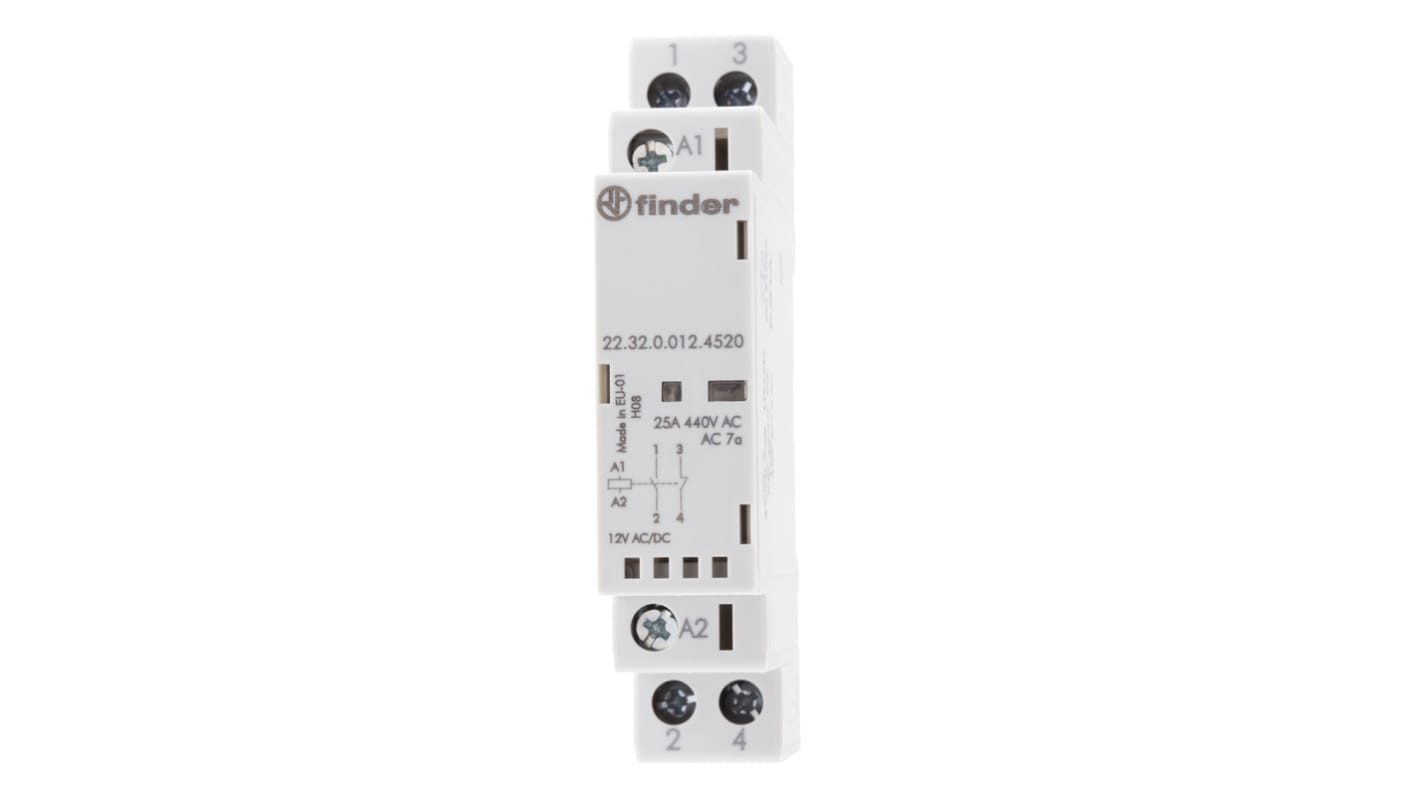 Contattore Finder, serie 22, 2 poli, 1 NO + 1 NC, 25 A, 2,2 W, bobina 12 V c.c.