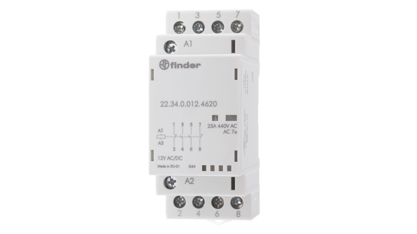 Contactor Finder 22 Series de 4 polos, 2 NA + 2 NC, 25 A, bobina 12 V dc, 4 kW