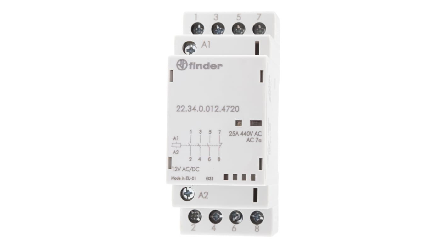 Finder 22 Contactor, 12 V dc Coil, 4-Pole, 25 A, 4 kW, 3NO + 1NC, 250 V ac, 440 V ac