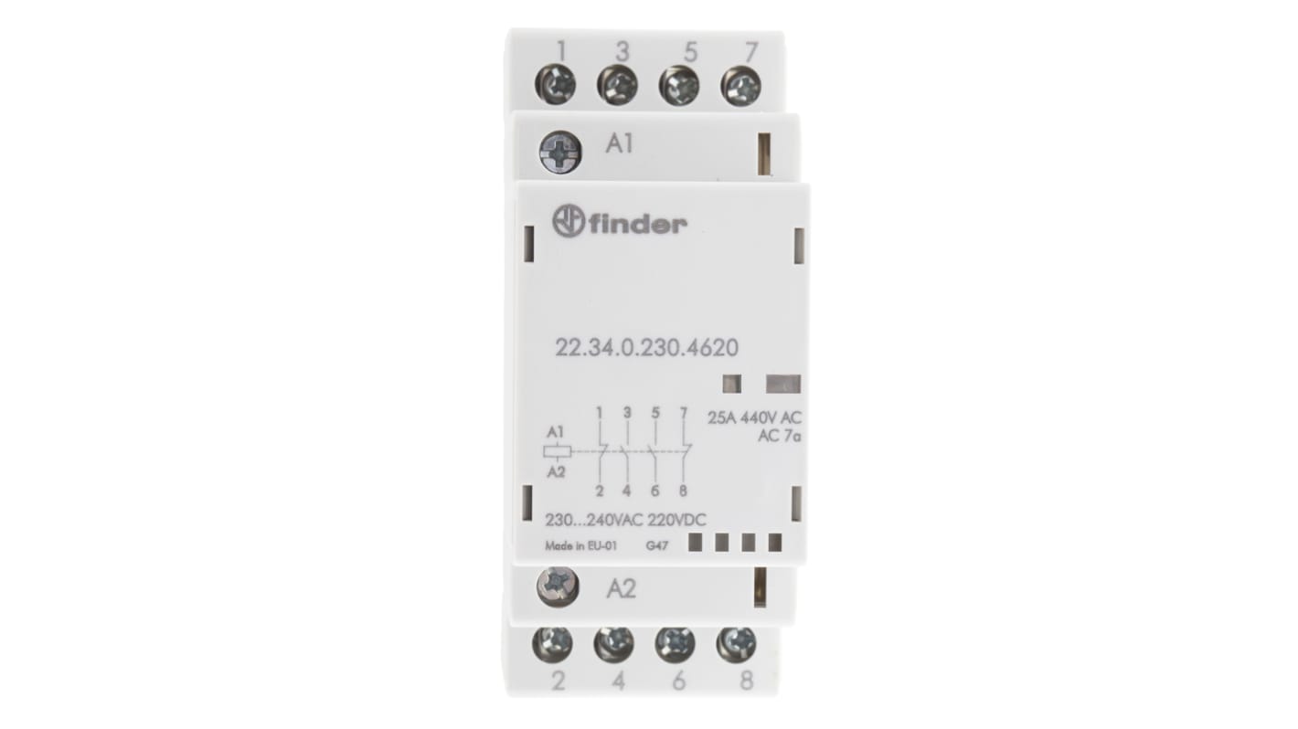 Finder 22 Contactor, 230 V ac Coil, 4-Pole, 25 A, 2/2.2 W, 2NO + 2NC, 250 V ac, 440 V ac