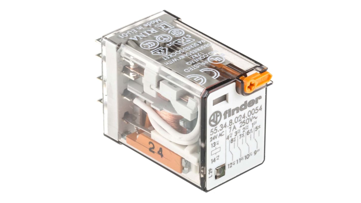 Finder Plug In Relay, 24V ac Coil, 7A Switching Current, 4PDT