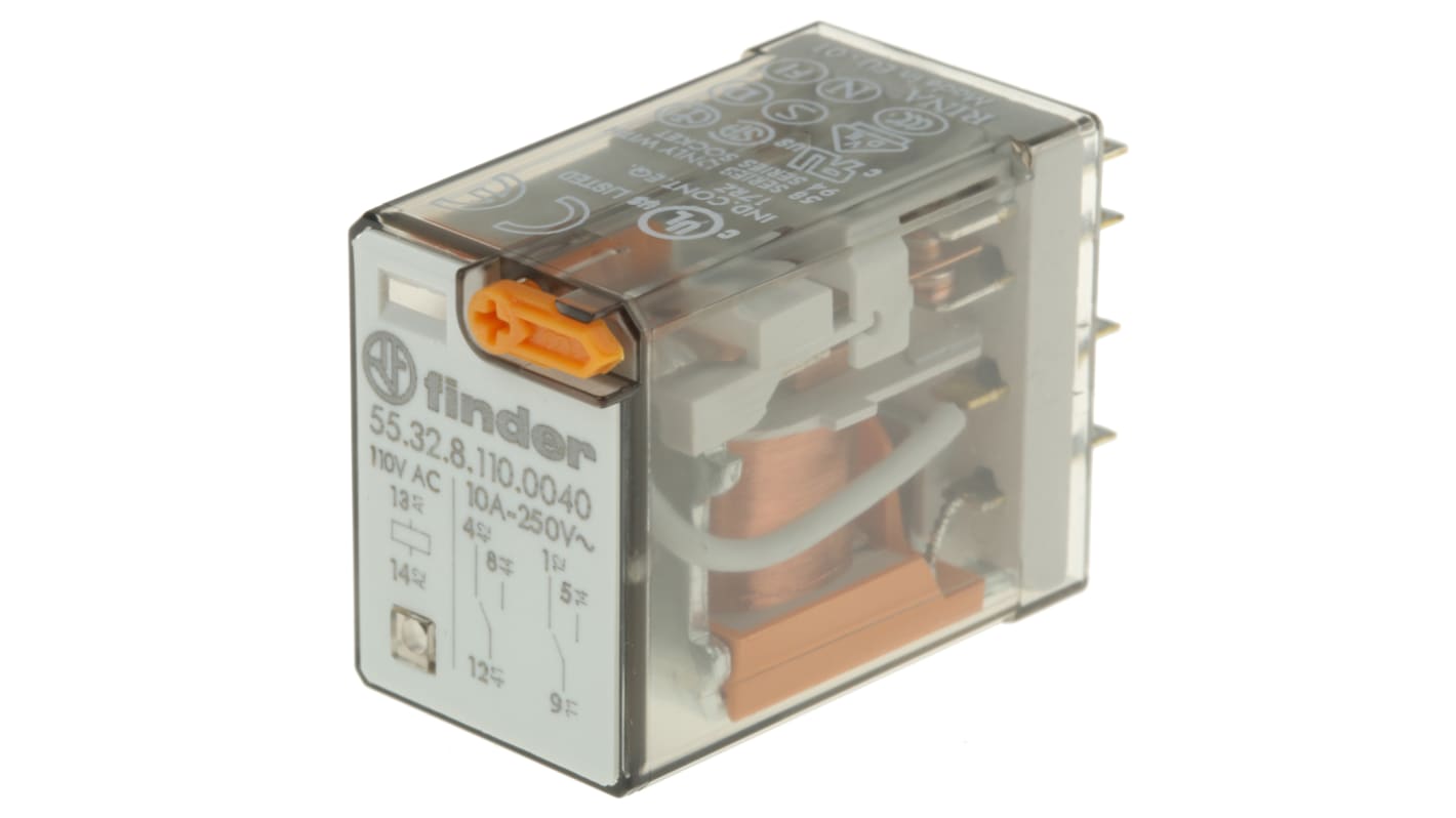 Finder Plug In Power Relay, 110V ac Coil, 10A Switching Current, DPDT