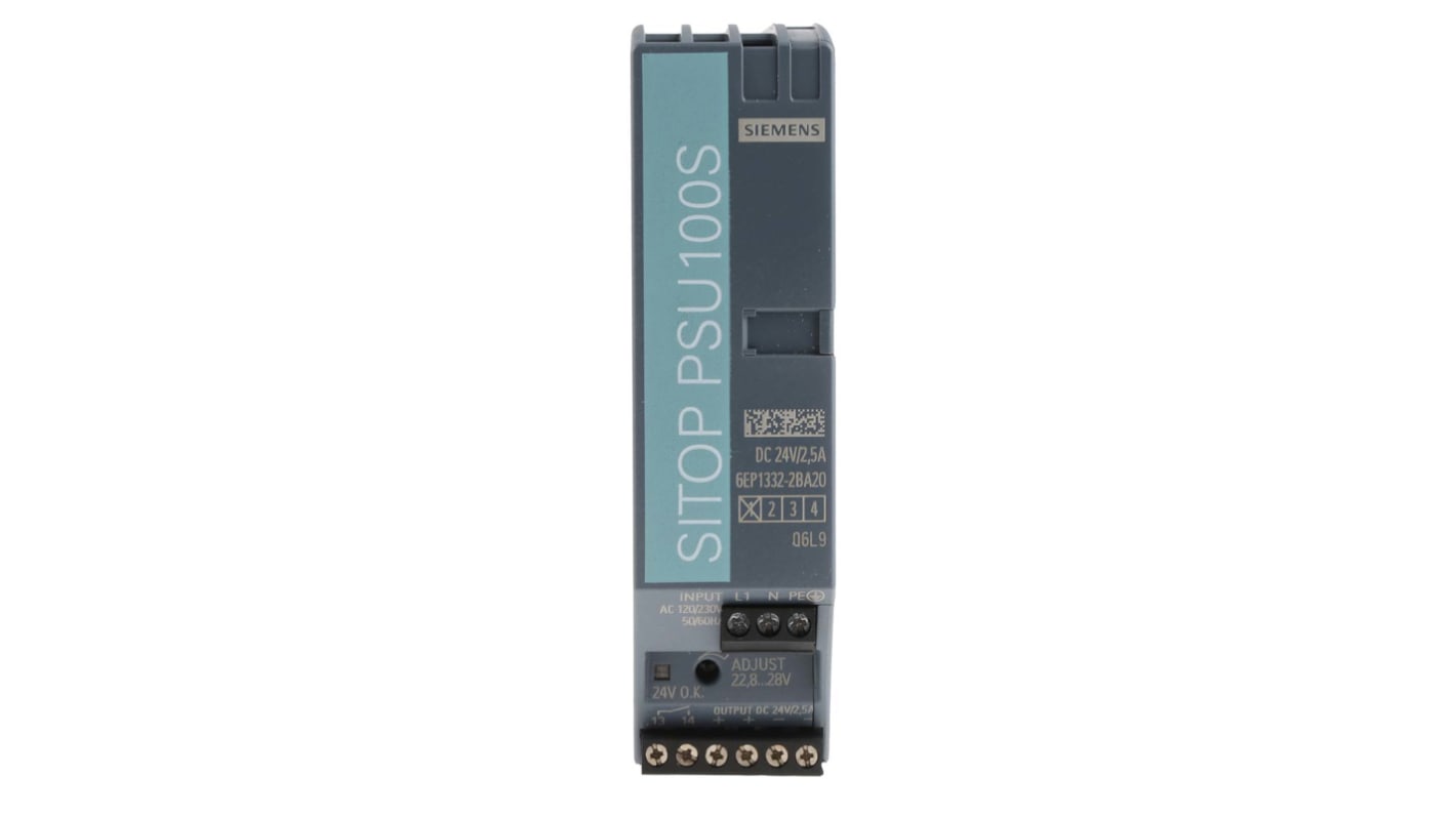 Siemens SITOP PSU100S Switch Mode DIN Rail Power Supply, 85 → 132V ac ac Input, 24V dc dc Output, 2.5A Output,