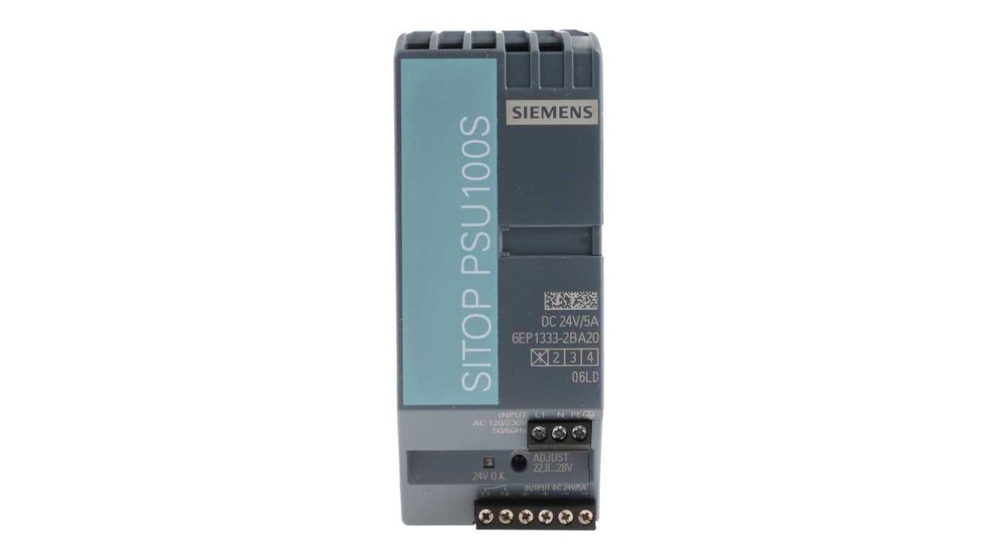 Siemens 开关模式导轨电源, 24V 直流 5A输出, 144W, 85 → 132V 交流输入, 单相, SITOP PSU100S系列