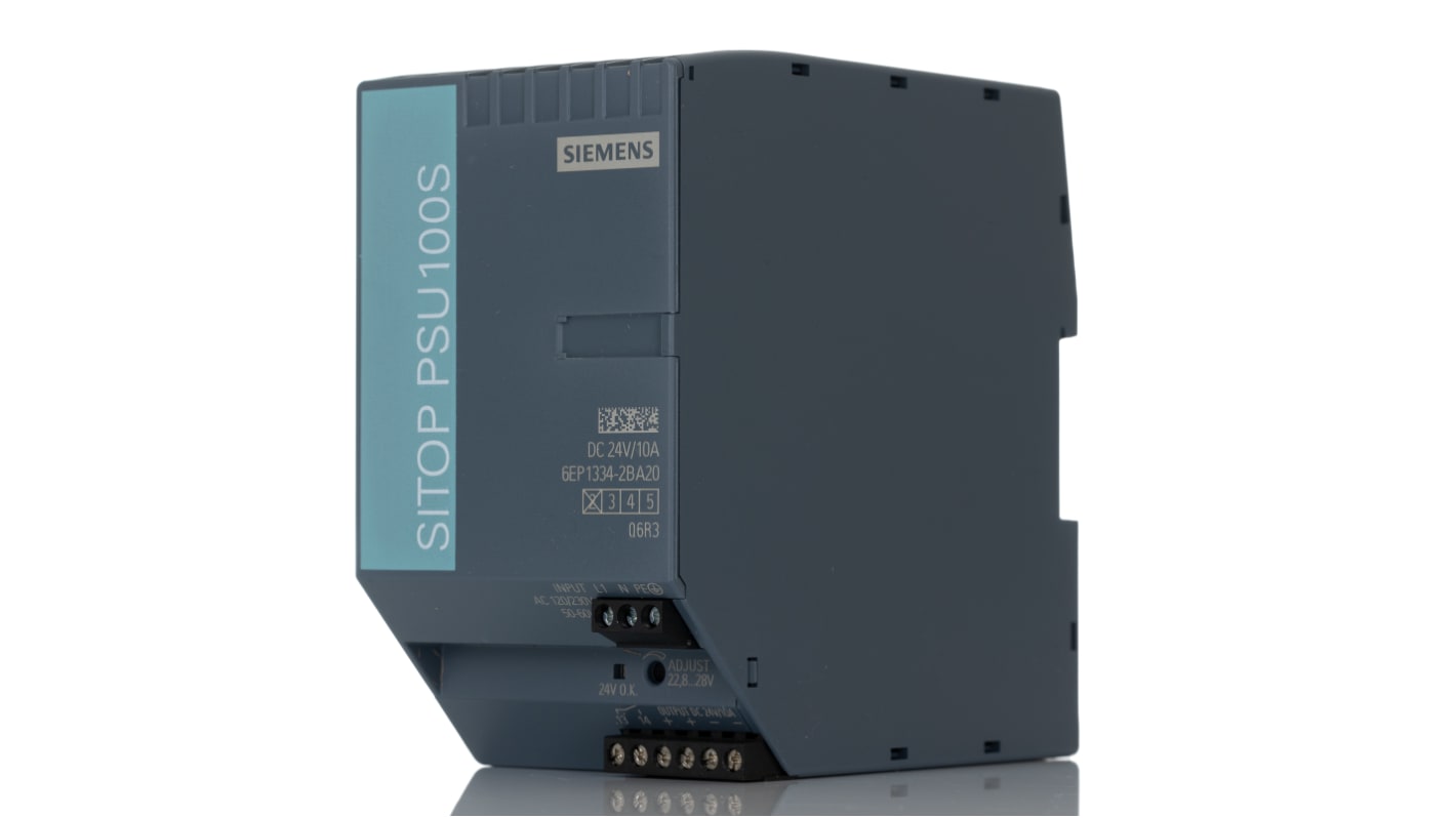 Siemens SITOP PSU100S Switched Mode DIN Rail Power Supply, 170 → 264V ac ac Input, 24V dc dc Output, 10A Output,