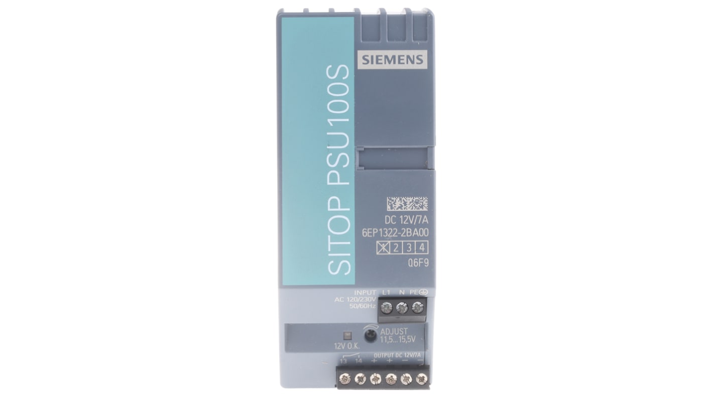 Siemens 开关模式导轨电源, 12V 直流 7A输出, 84W, 85 → 132V 交流输入, 单相, SITOP PSU100S系列