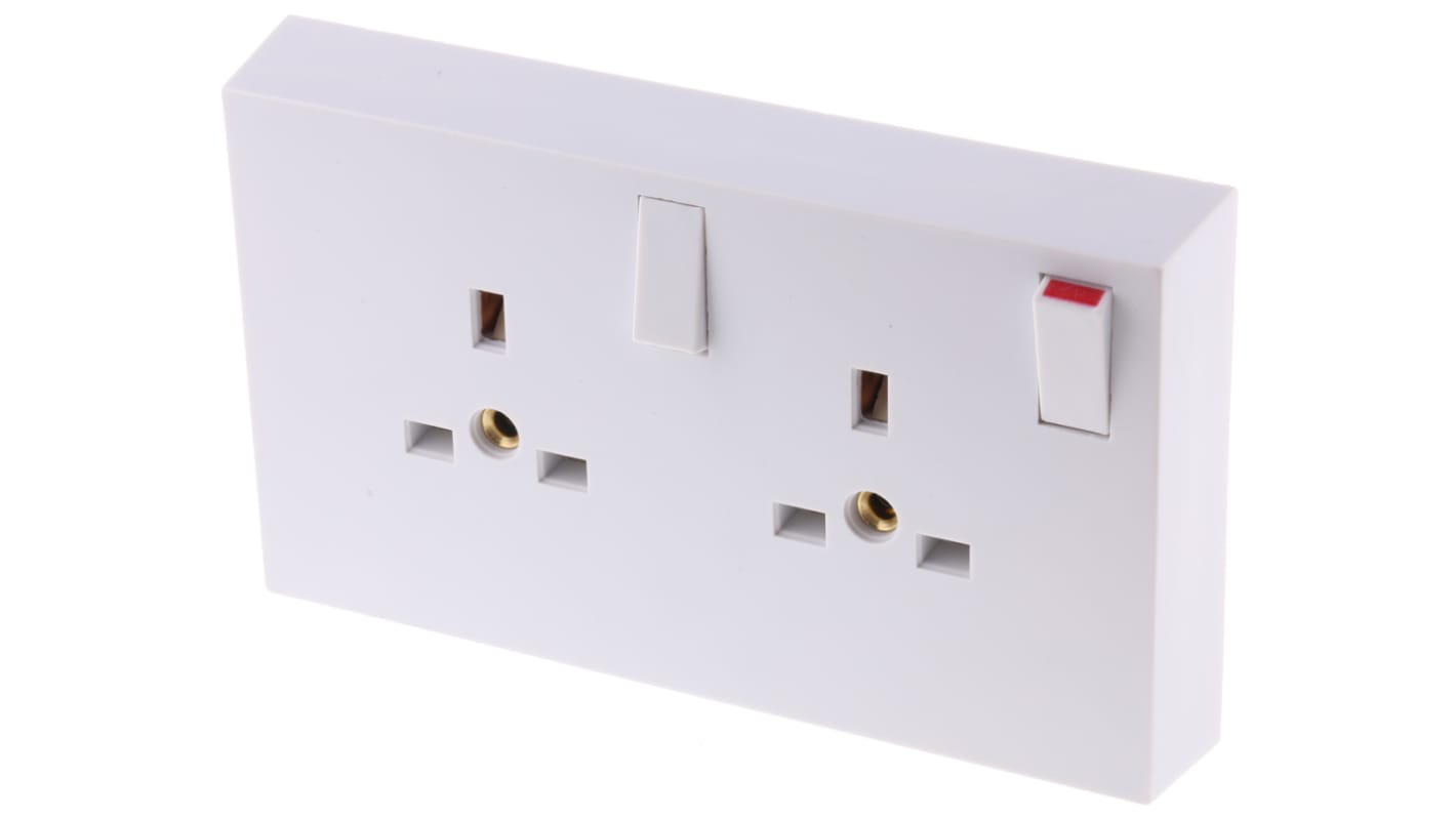 RS PRO 英标插座, 带开关, 2位, 表面安装, 室内使用, 13A, 230 V, 白色