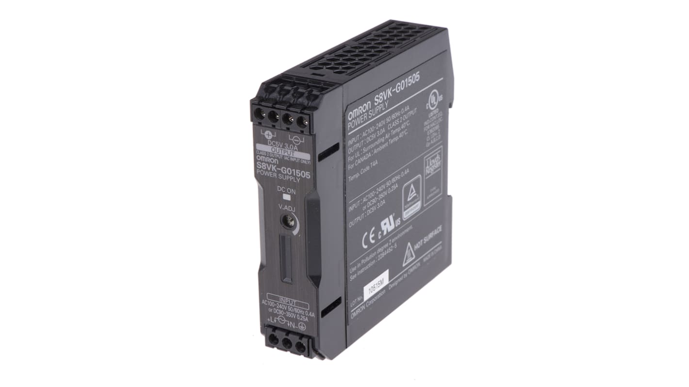 Omron S8VK-G Getaktet DIN-Schienen Netzteil 15W, 100 → 240 V ac / 90 → 350V dc, 5V dc / 3A