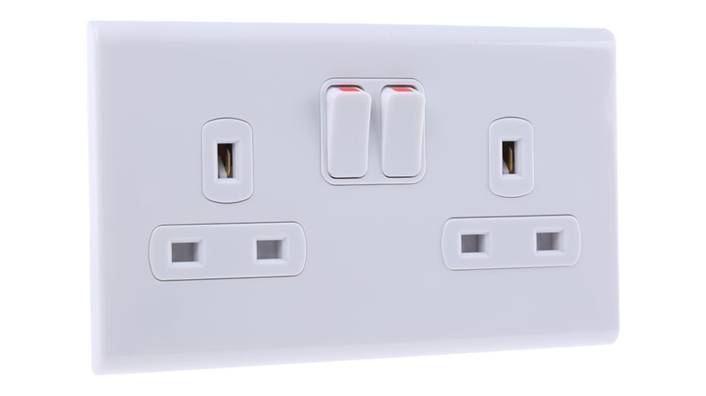 Deta Screwless Polycarbonate 2 Gang Plug Socket, 2 Poles, 13A, Type G - British, Indoor Use