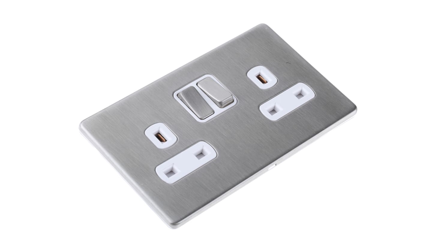 Deta 英标电气插座, 带开关, 2位, 嵌入式安装, 室内使用, 13A, 230 V, Screwless Metal系列