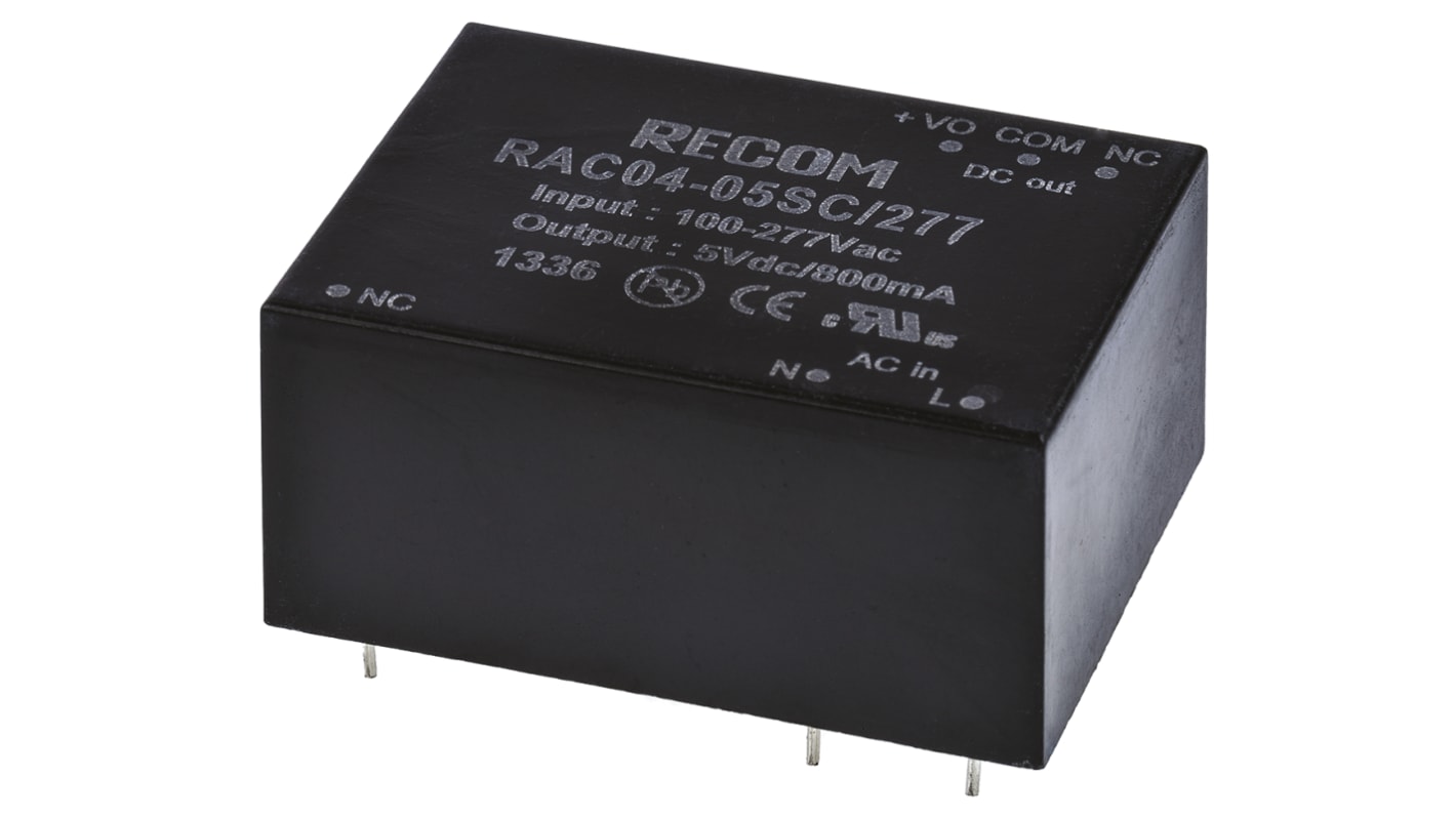 Recom Switching Power Supply, RAC04-05SC/277, 5V dc, 800mA, 4W, 1 Output, 80 → 305V ac Input Voltage