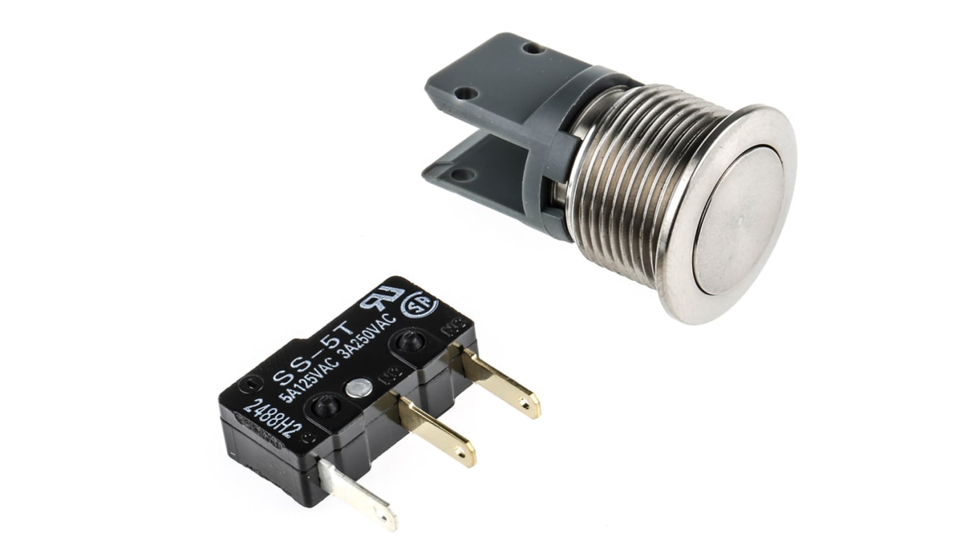 Interruptor de Botón Pulsador Schurter MSM 16 ST, color de botón Plata, SPDT, acción momentánea, 3 A a 250 V ac, 250V