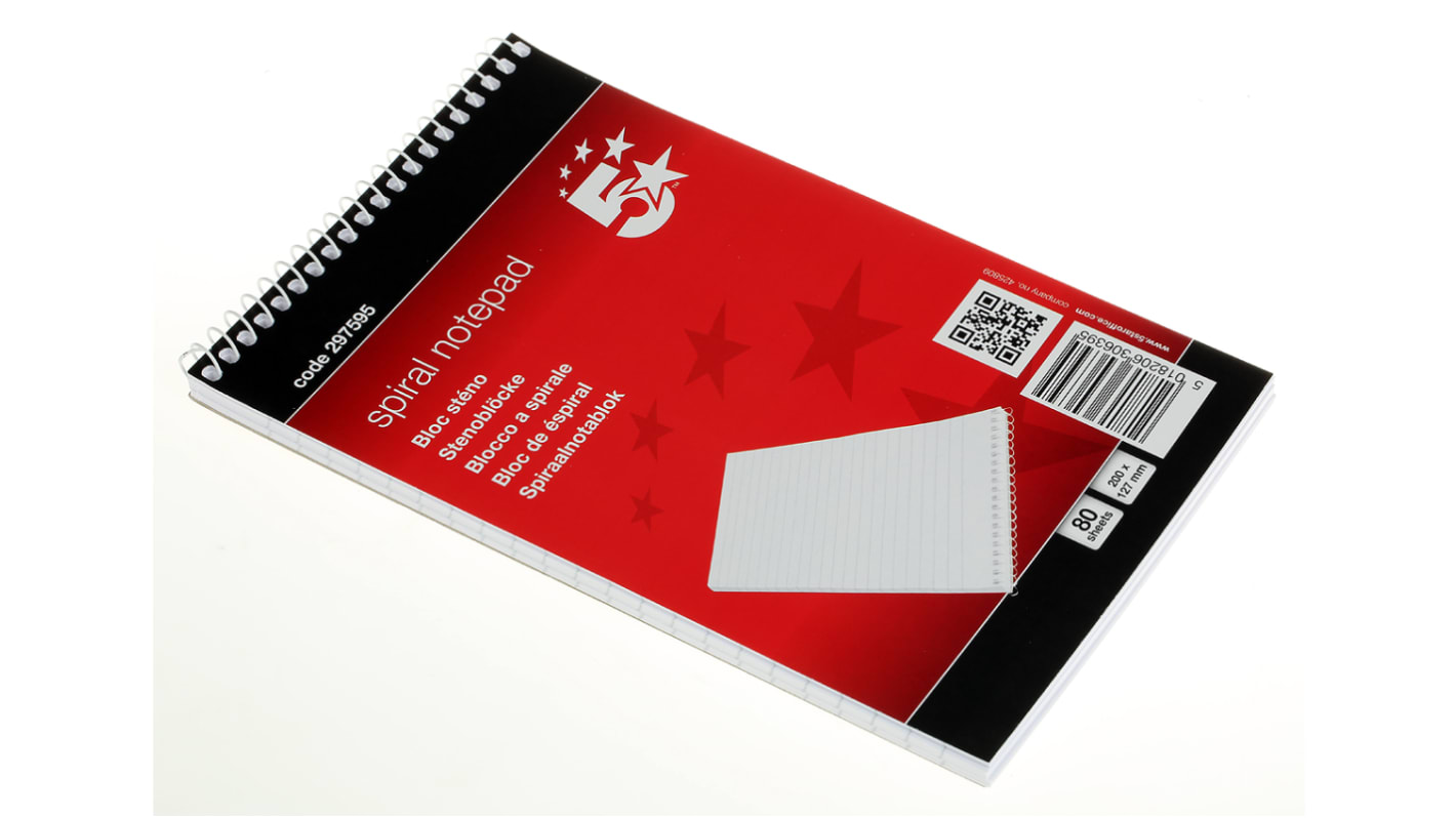 RS PRO 125 x 200 mm Wirebound Semi-Rigid Notepad, 80 Ruled Sheets