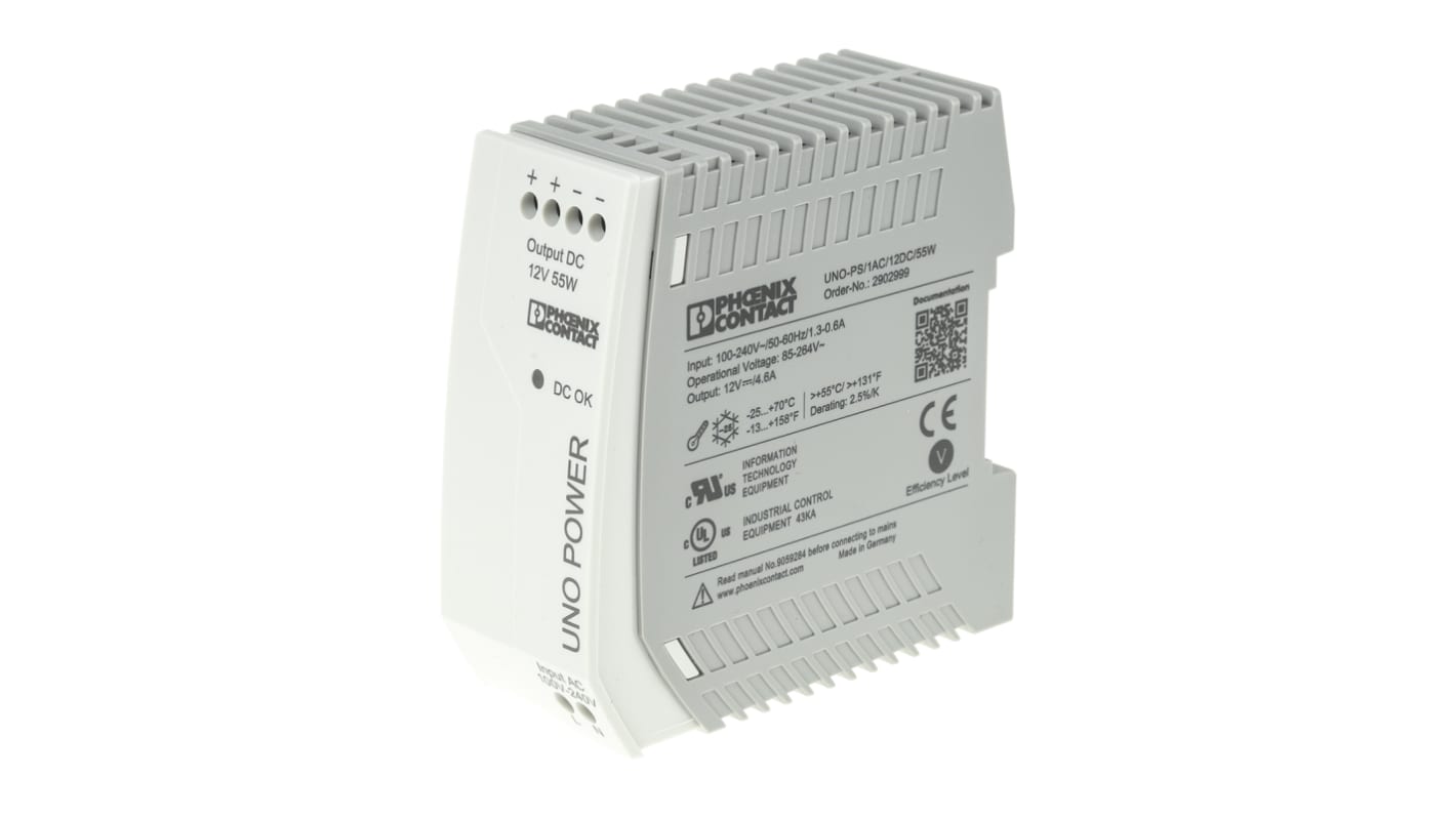 Phoenix Contact UNO-PS/1AC/12DC/ 55W -Phasen Getaktet DIN-Schienen Netzteil 55W, 85 → 264V ac, 12V dc / 4.6A