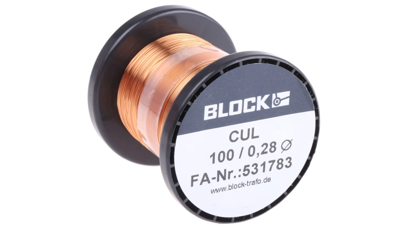 Alambre de cobre Block CUL100, sección 0,06 mm² / 29 AWG, Ø 0.28mm, long. 175m, acabado esmaltado