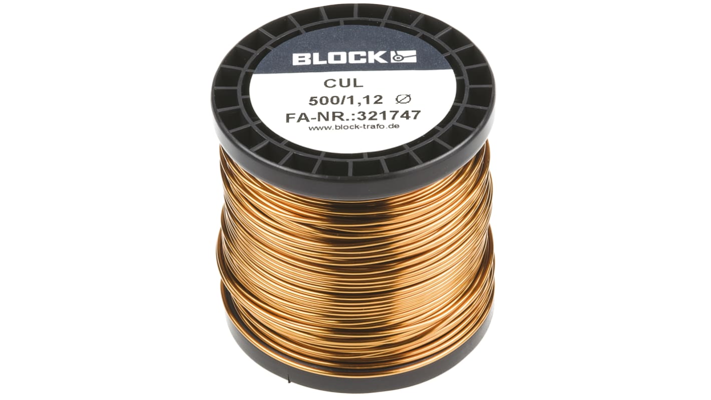 Alambre de cobre Block CUL500, sección 1,1 mm² / 17 AWG, Ø 1.12mm, long. 44m, acabado esmaltado