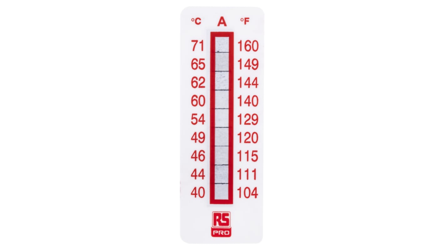 RS PRO Temperaturmessstreifen 40°C / 71°C 9 Messbereiche 10 Stk. Vertikal, L. 51mm, B. 18mm