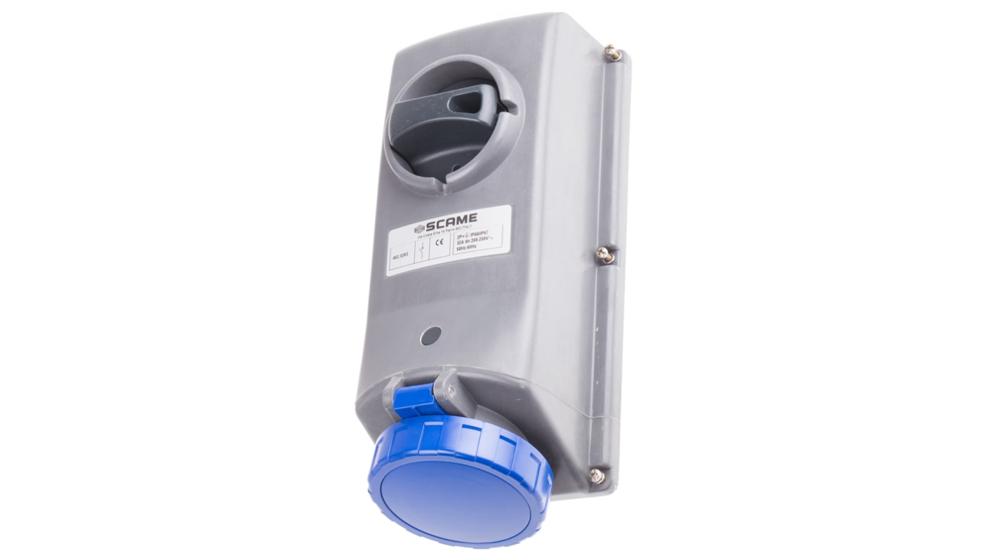 Scame IP67 Blue Panel Mount 2P + E Right Angle Industrial Power Socket, Rated At 32A, 230 V