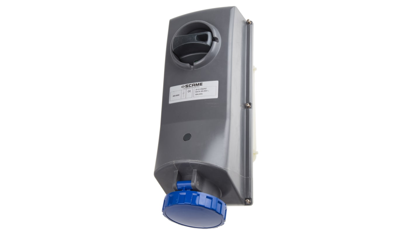 Scame IP67 Blue Panel Mount 2P+E Right Angle Industrial Power Socket, Rated At 64A, 230 V