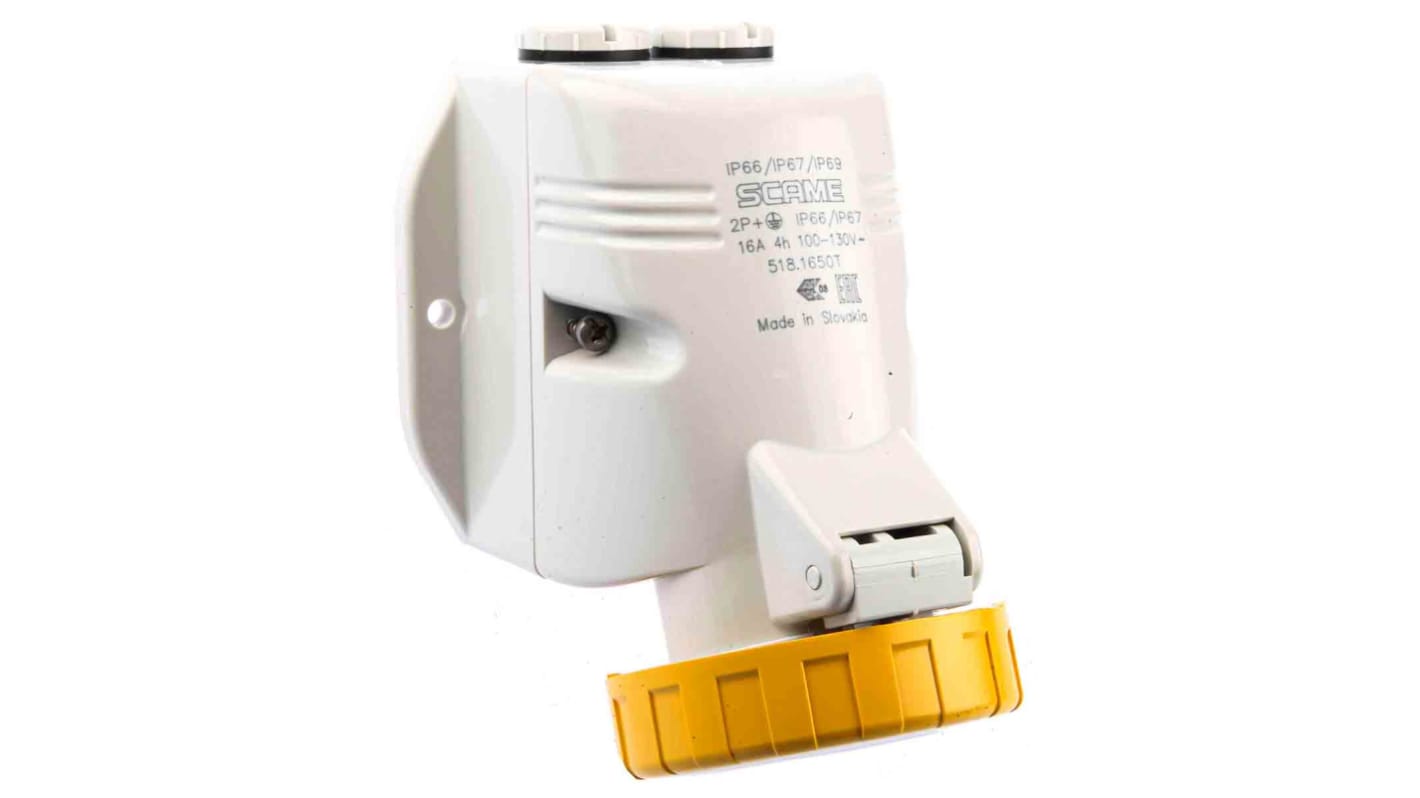 Scame IP66, IP67 Yellow Wall Mount 2P + E Industrial Power Socket, Rated At 16A, 110 V