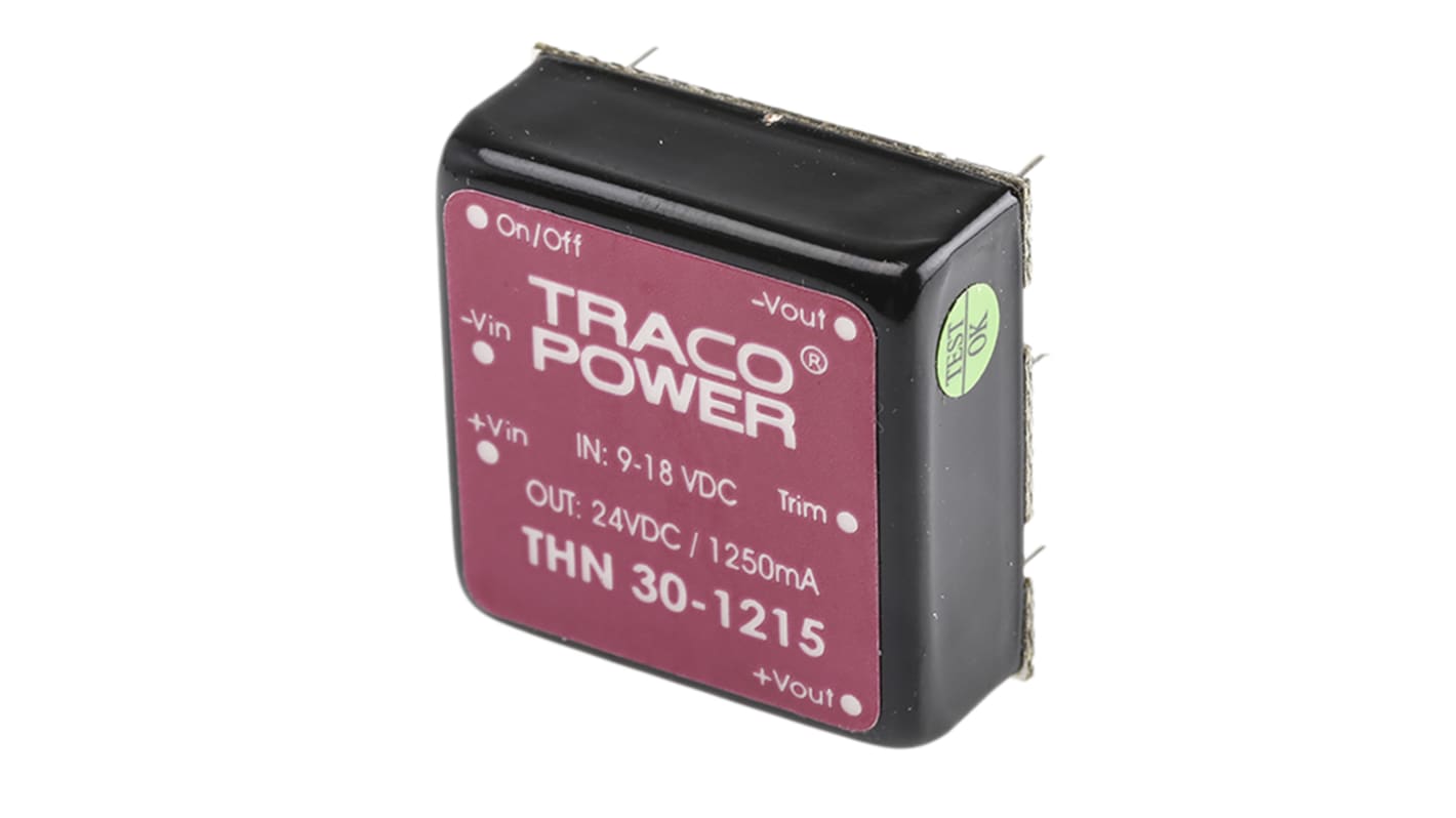 TRACOPOWER THN 30 DC-DC Converter, 24V dc/ 1.25A Output, 9 → 18 V dc Input, 30W, Through Hole, +85°C Max Temp