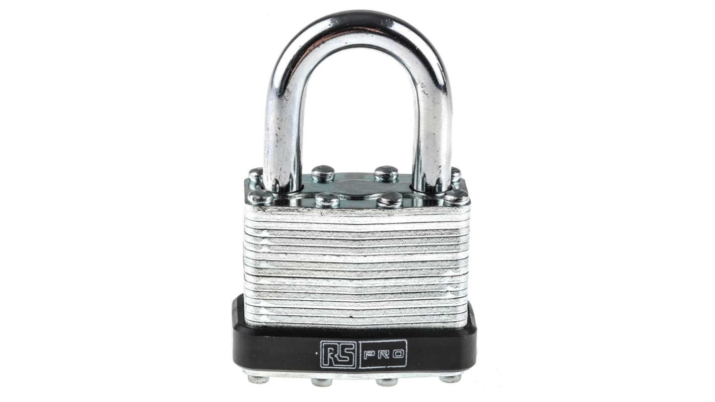 Lucchetto con chiave RS PRO per uso interno ed esterno, in Acciaio, anello da 7mm, L. 25mm, col Grigio