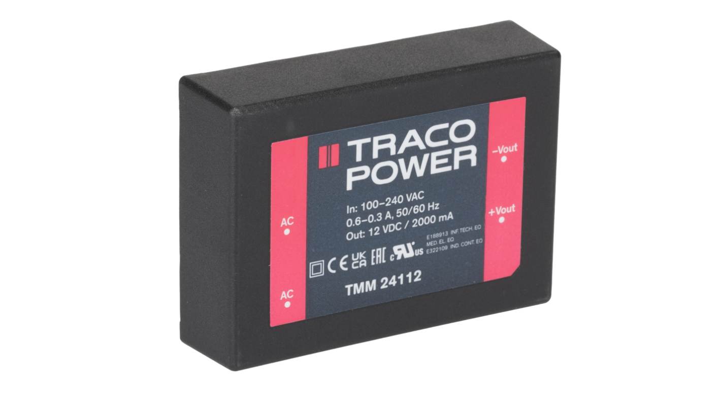 Alimentatore switching TRACOPOWER TMM 24112, 24W, ingresso 85 → 264V ca, uscita 12V cc, 2A TMM 24
