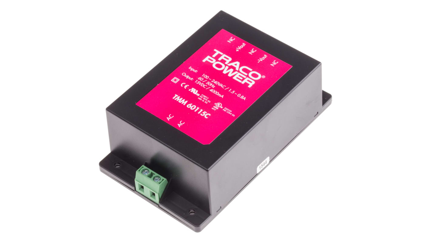 TRACOPOWER Embedded Switch Mode Power Supply SMPS, TMM 60115C, 15V dc, 4A, 60W, 1 Output, 85 → 264V ac Input
