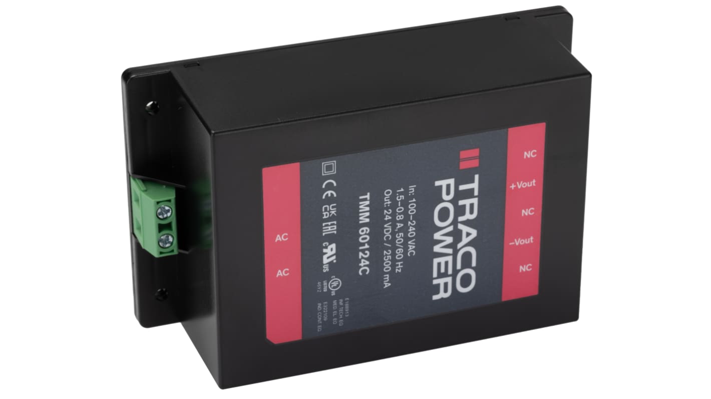 Alimentatore switching TRACOPOWER TMM 60124C, 60W, ingresso 85 → 264V ca, uscita 24V cc, 2.5A TMM 60C